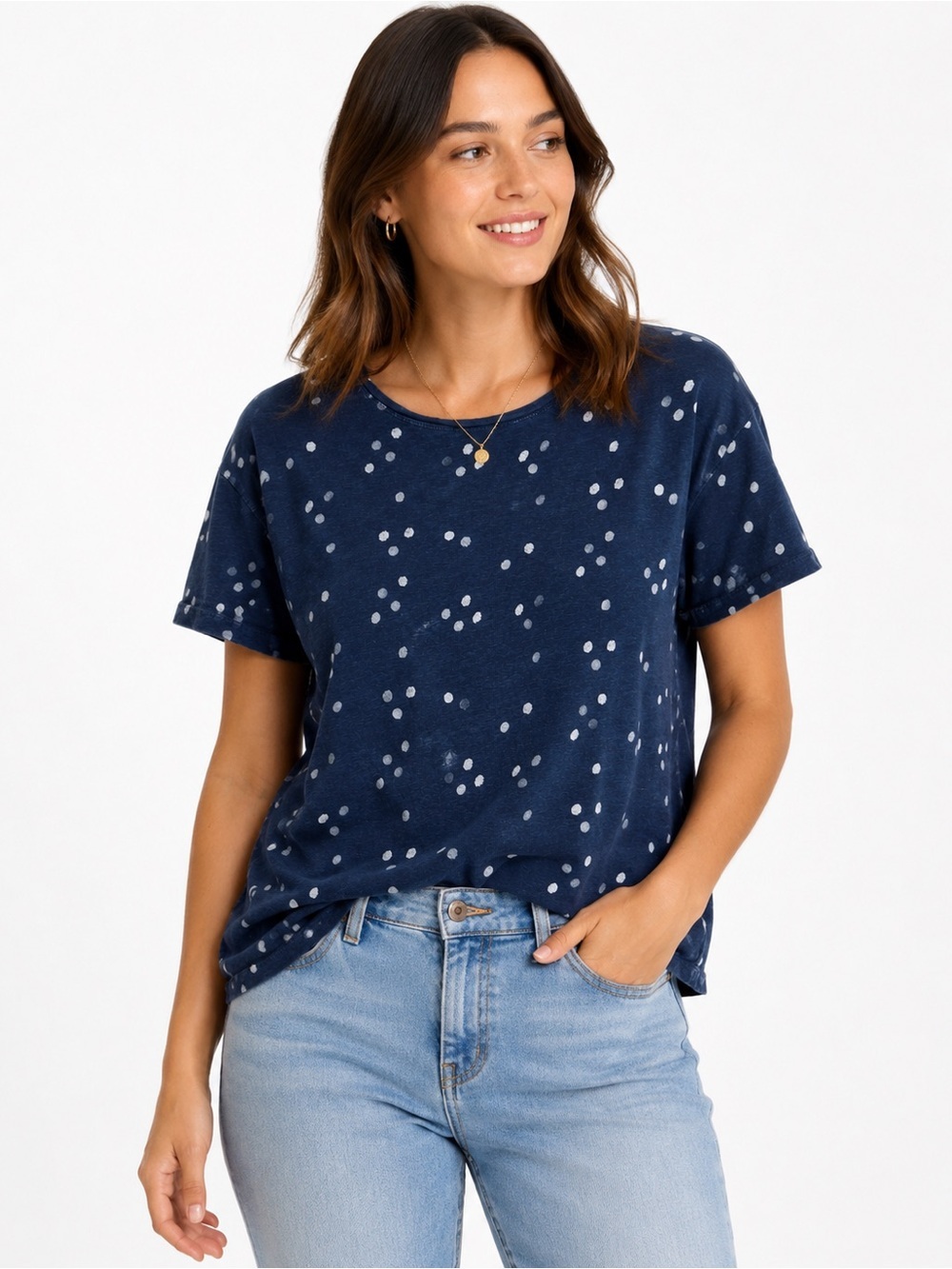 Madewell Navy Blue Polka Dot Linen Blend Short Sleeve Tee Women’s Medium